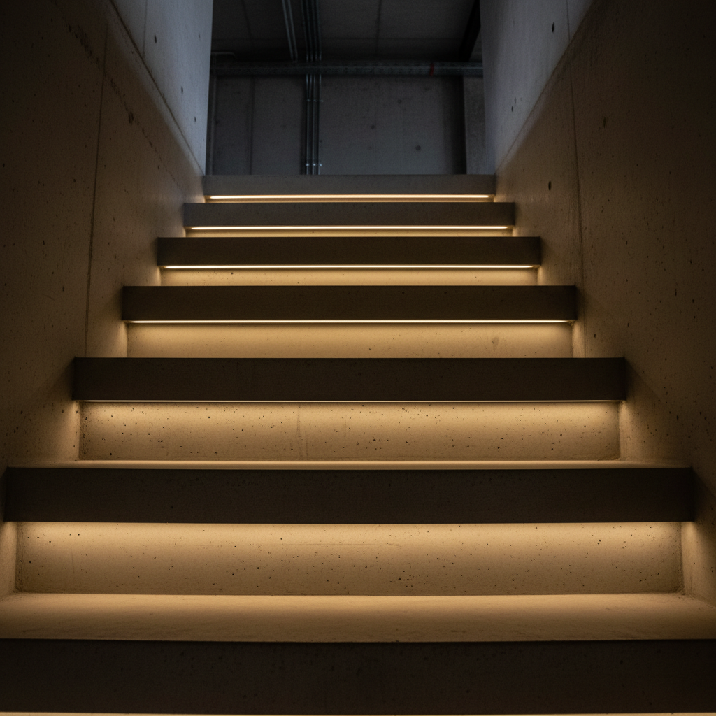 Multiple stairs lit up with StairMod LED stair lighting kit
