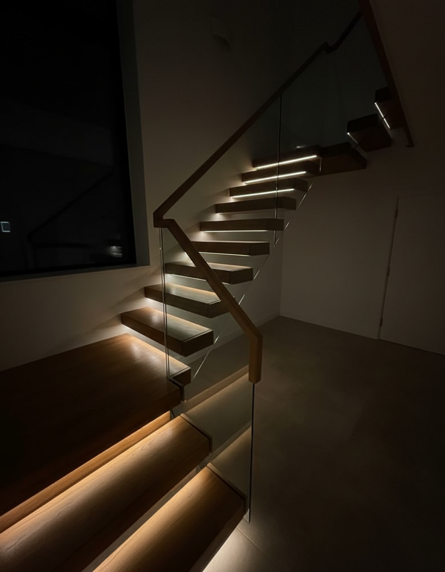 StairMod motion sensor COB LED stair lighting kit illuminating wooden steps at night