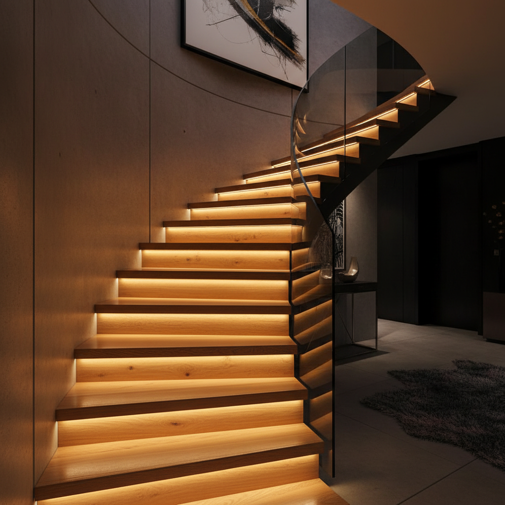 StairMod motion sensor COB LED stair lighting kit illuminating wooden steps at night