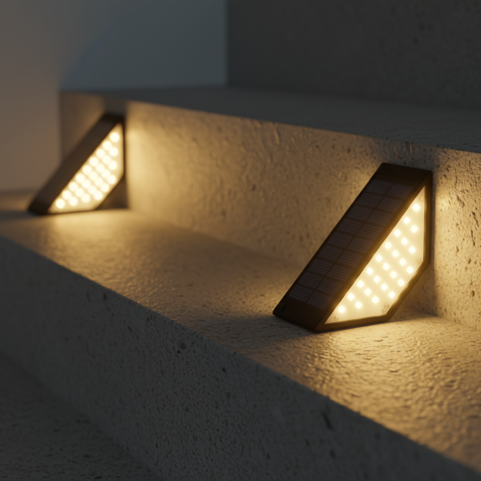 StairMod weatherproof solar LED step lights installed on outdoor paved stairs