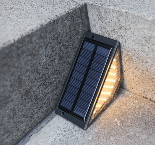 StairMod weatherproof solar LED step lights installed on outdoor paved stairs