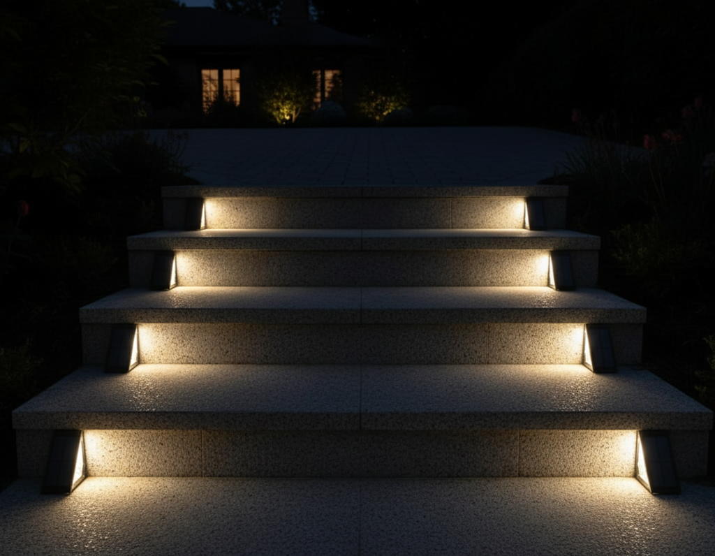 StairMod weatherproof solar LED step lights installed on outdoor paved stairs