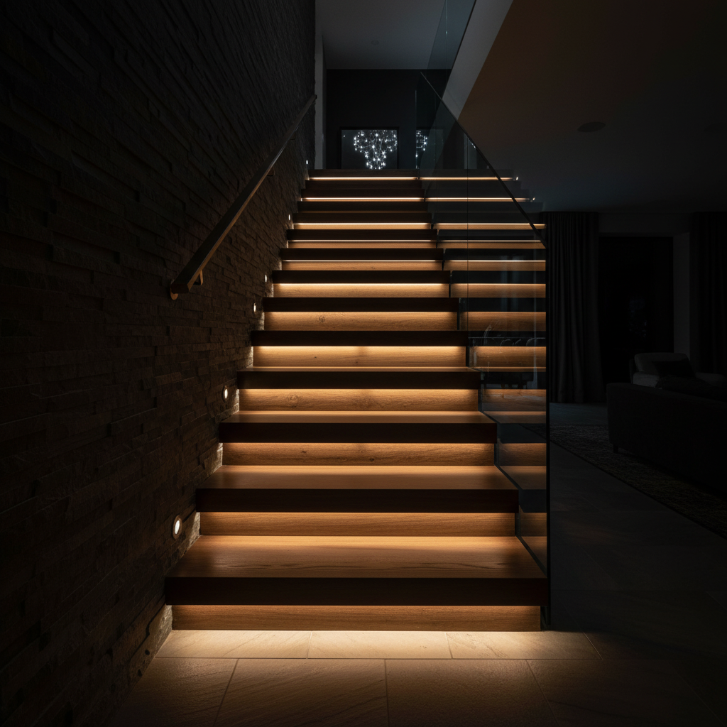 StairMod motion sensor COB LED stair lighting kit illuminating wooden steps at night