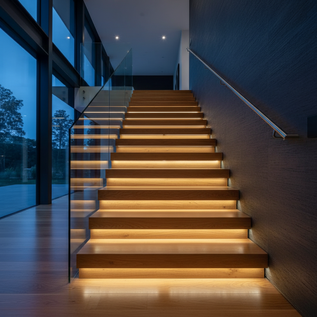 StairMod motion sensor COB LED stair lighting kit illuminating wooden steps at night
